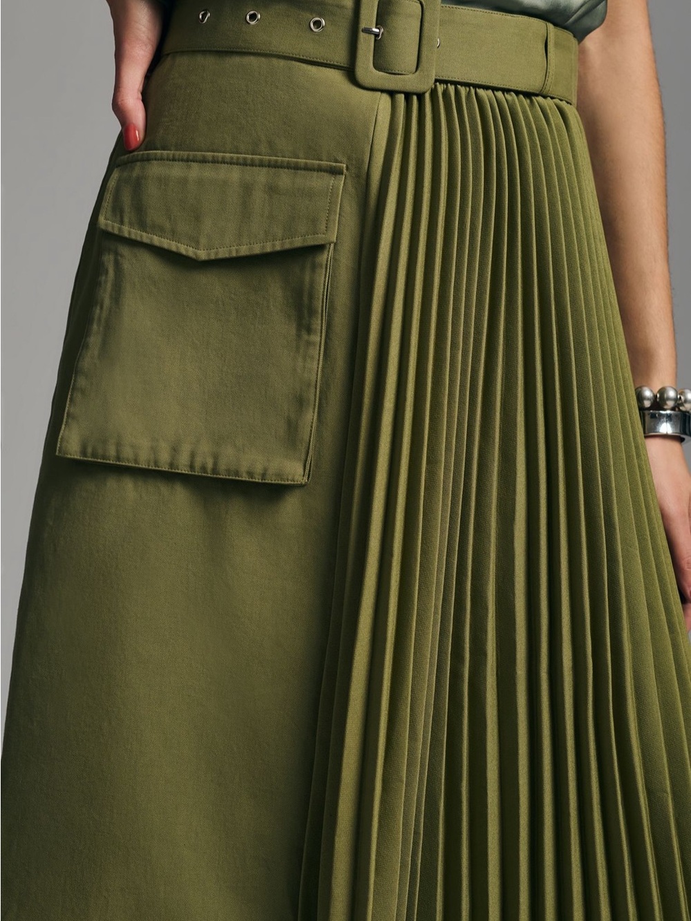 NWT Anthropologie Olive Green Pleated Midi Skirt with Belt - Picture 8 of 8